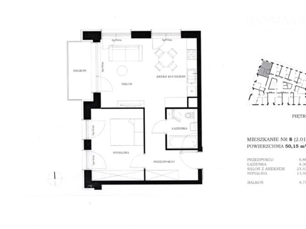 Nowa inwestycja 2 pokoje48,94 m2, Ip. balkon 9 m2