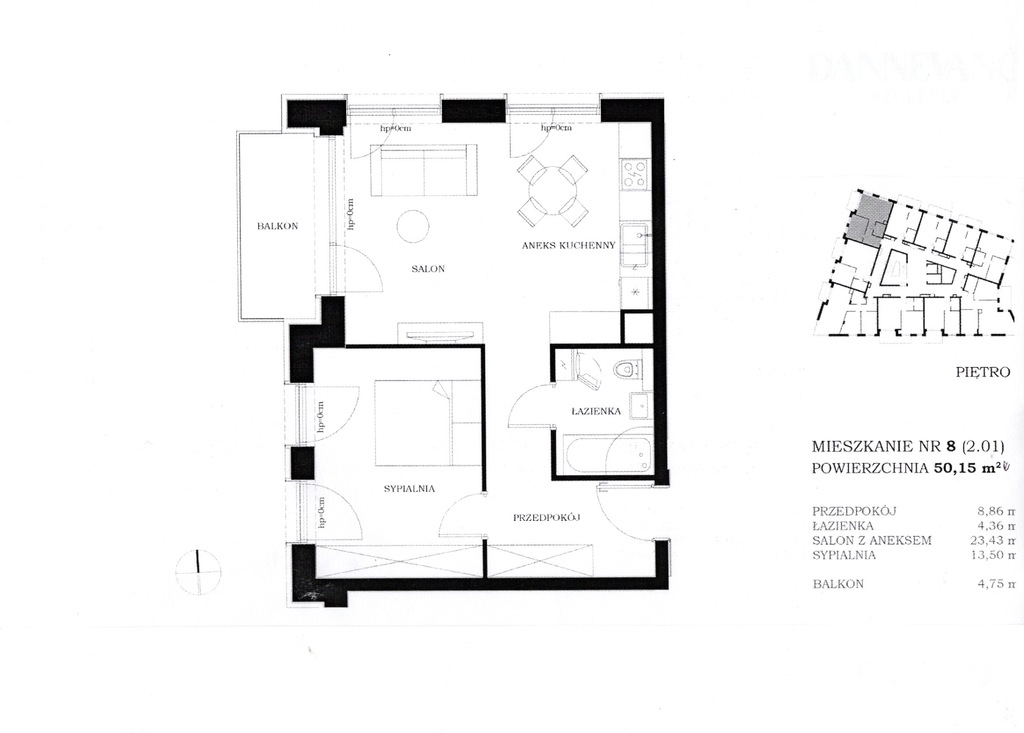 Nowa inwestycja 2 pokoje48,94 m2, Ip. balkon 9 m2